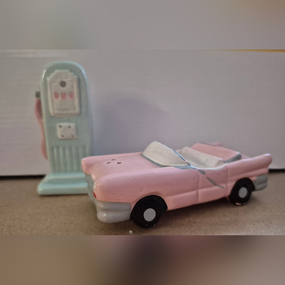 Craft Pink and White Toy Car with Gas Pump Salt and Pepper